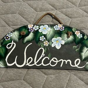 Hand Painted Floral Welcome Sign on Slate